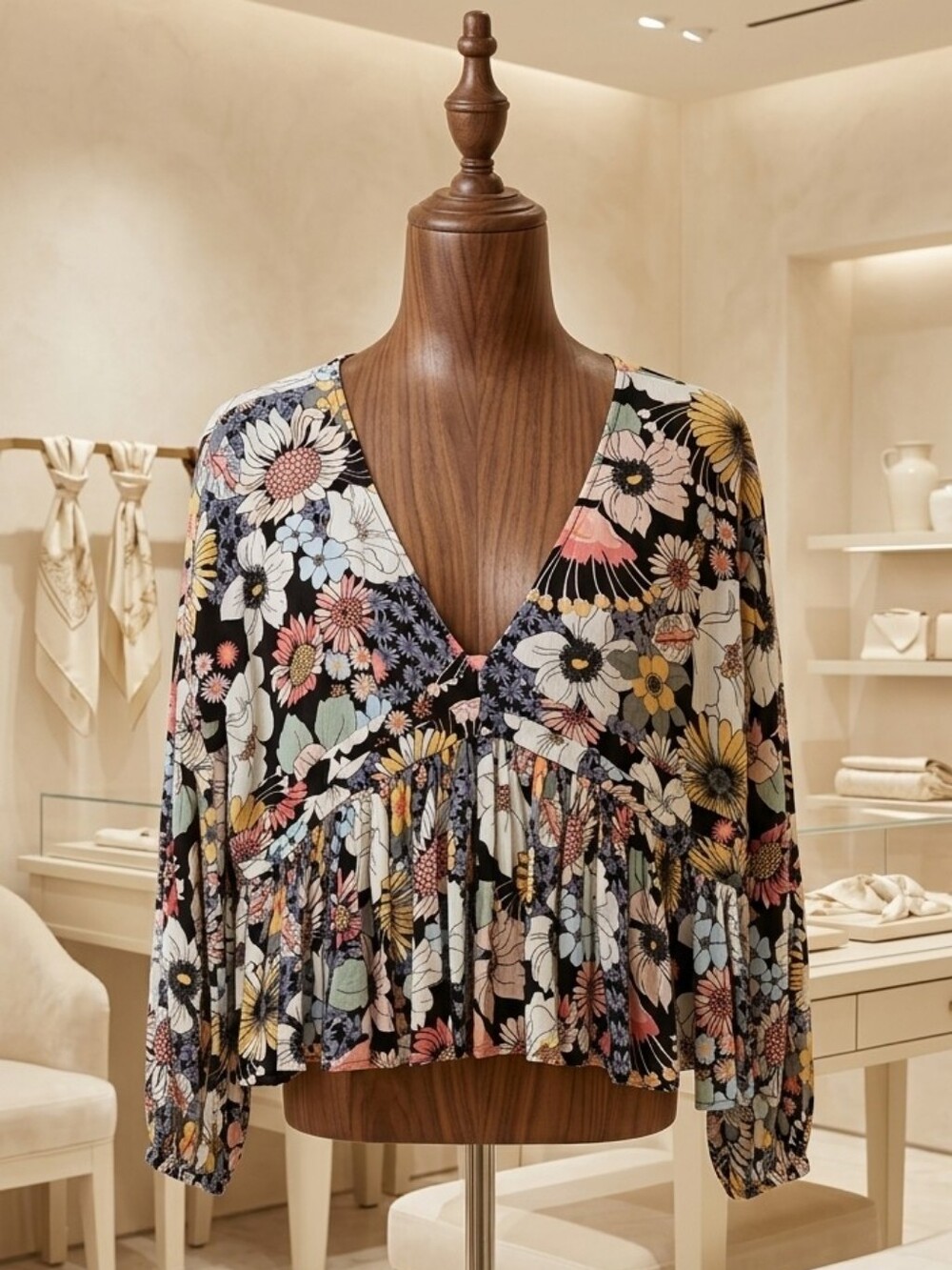 O'Neill Deep Vneck Longsleeve Cropped Floral Top Size Small